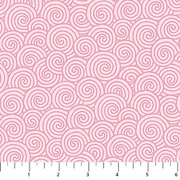 Carmon's Quilt Shop pink cotton fabric featuring a white daisy scroll swirl pattern for quilting projects.