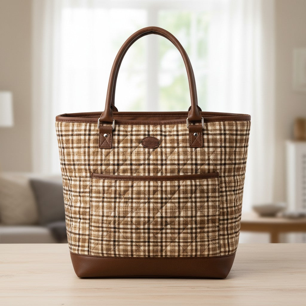 Carmon's Quilt Shop tote bag made from Figo Snowbound Carmel rustic plaid quilted cotton fabric with brown leather trim.