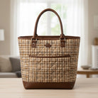 Carmon's Quilt Shop tote bag made from Figo Snowbound Carmel rustic plaid quilted cotton fabric with brown leather trim.