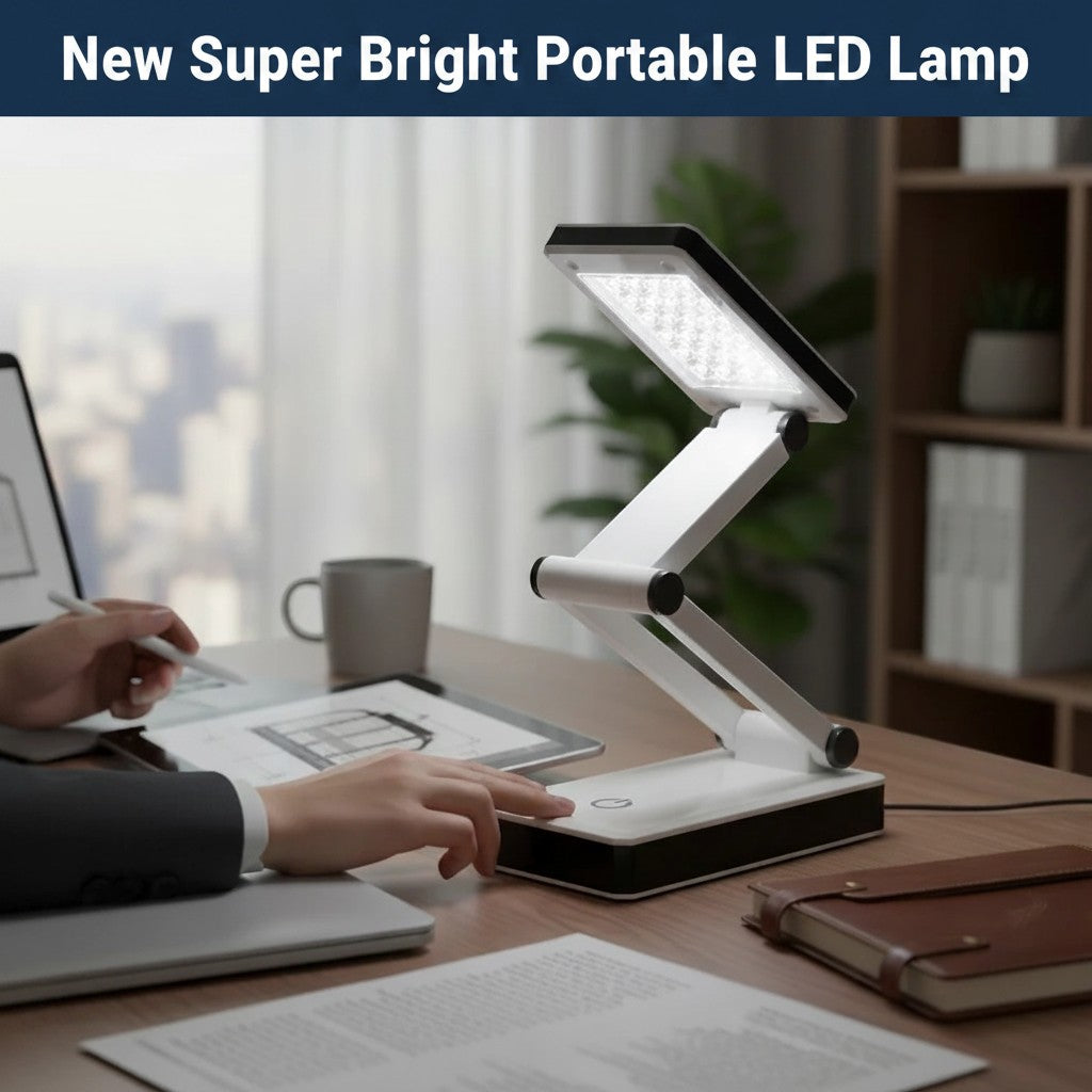 Carmon's Quilt Shop Frank A. Edmunds portable white and black LED lamp with adjustable brightness on a desk.
