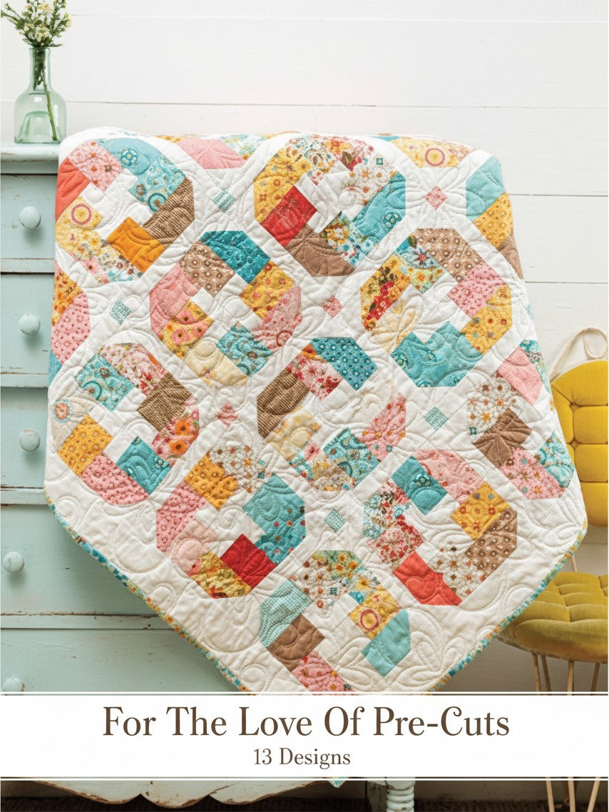 Carmon's Quilt Shop For the Love of Precuts pattern book featuring a colorful patchwork quilt with curved designs.