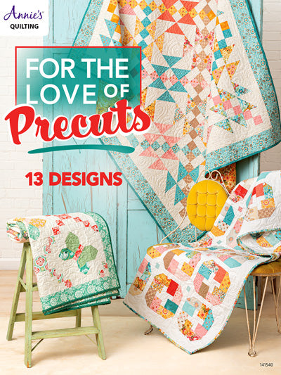 Carmon's Quilt Shop For the Love of Precuts pattern book cover featuring colorful patchwork quilts on display.
