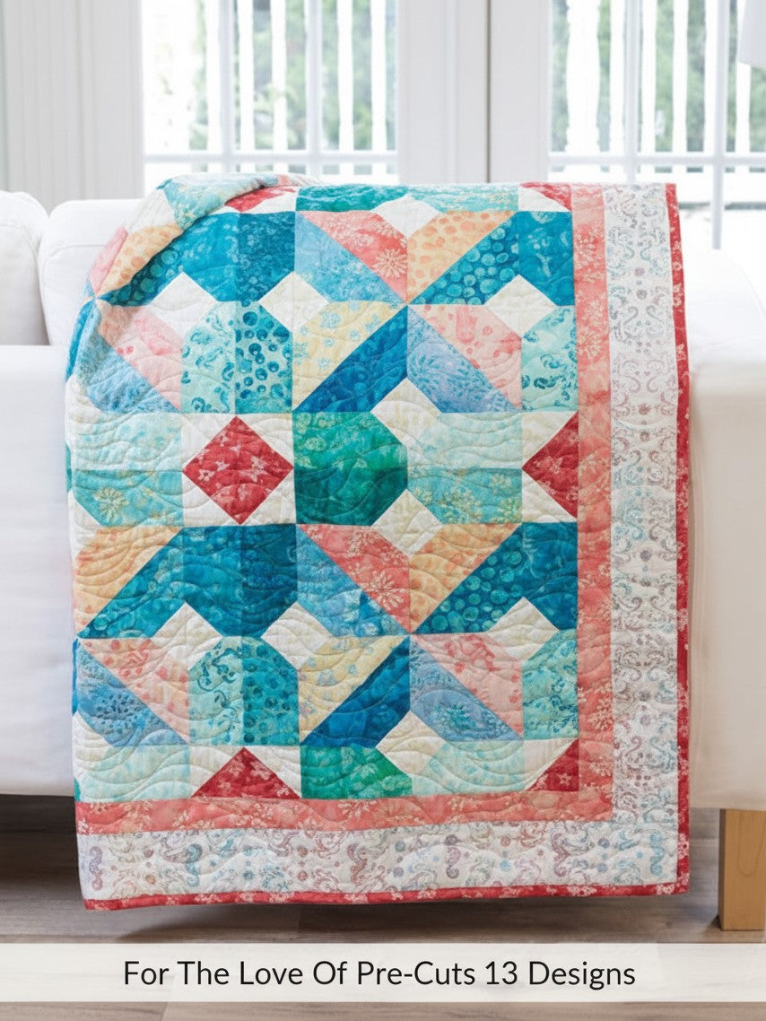 Carmon's Quilt Shop For the Love of Precuts pattern book features a colorful patchwork quilt with teal and coral tones.