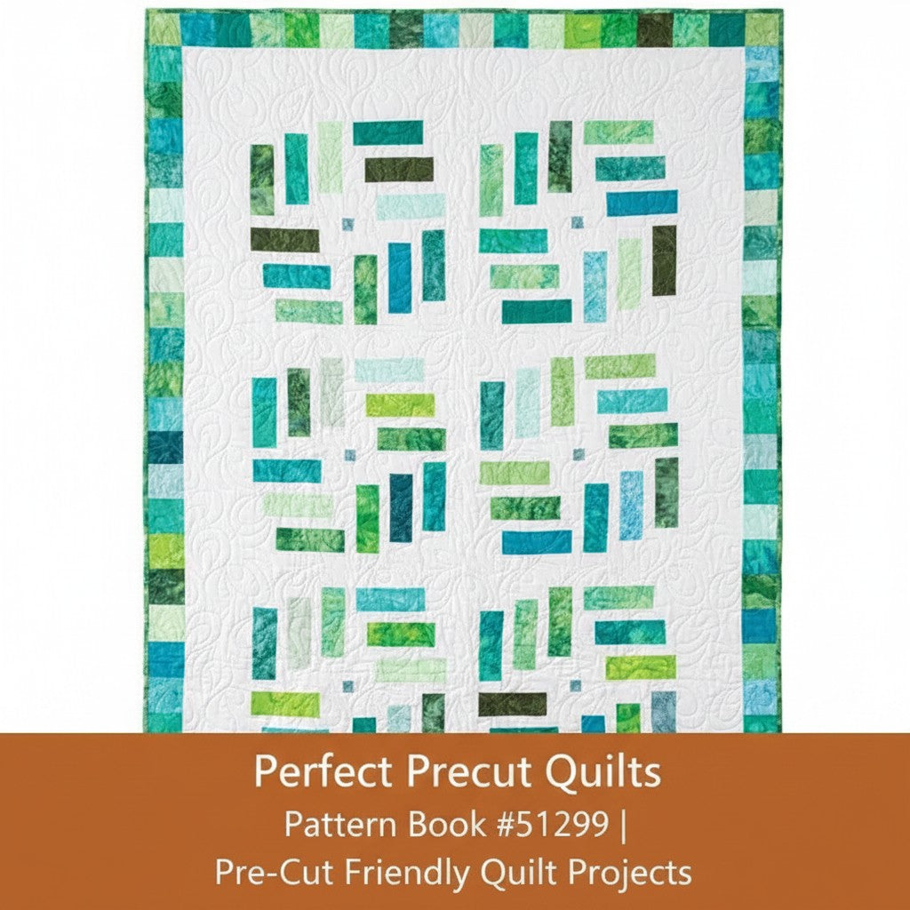 Carmon's Quilt Shop Perfect Precut Quilts pattern book featuring a green and white quilt with geometric block design