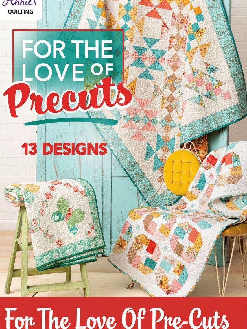 Carmon's Quilt Shop For the Love of Precuts pattern book featuring colorful patchwork quilts on display