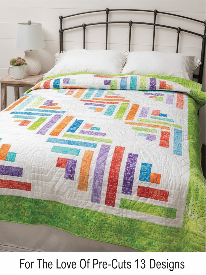 Carmon's Quilt Shop For the Love of Precuts pattern book featuring a colorful geometric quilt on a bed