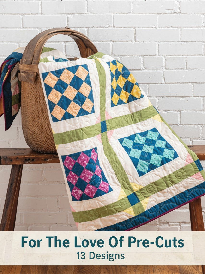 Carmon's Quilt Shop For the Love of Precuts pattern book featuring a colorful patchwork quilt draped on a basket