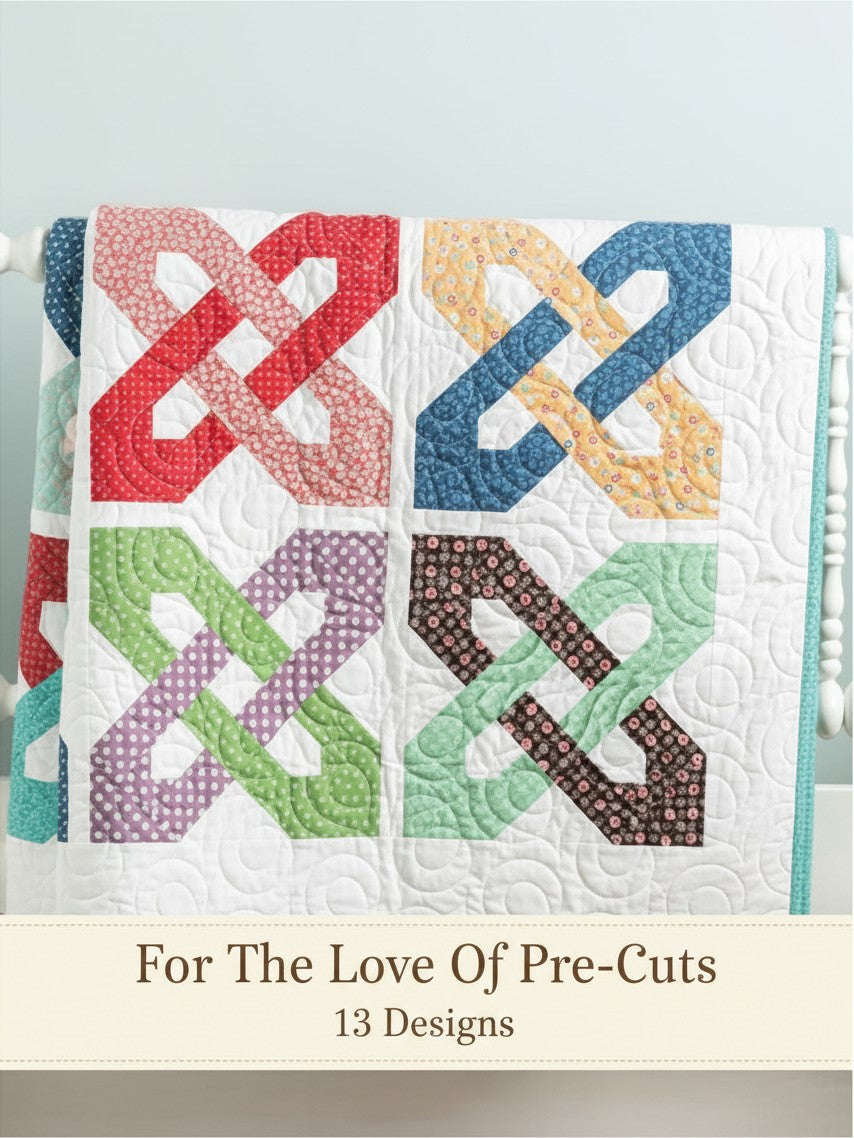 Carmon's Quilt Shop For the Love of Precuts pattern book featuring a colorful geometric quilt with floral fabrics