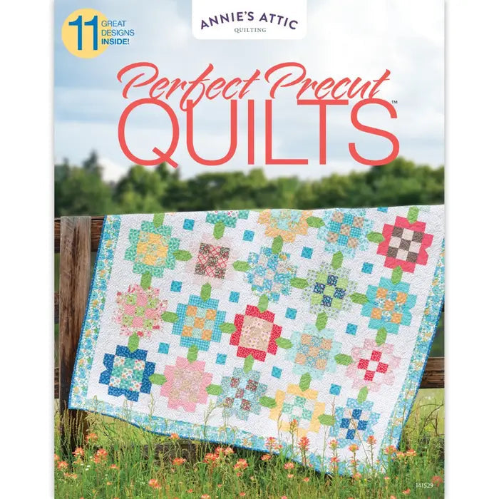 Carmon's Quilt Shop Perfect Precut Quilts pattern book cover featuring a colorful floral quilt on a wooden fence