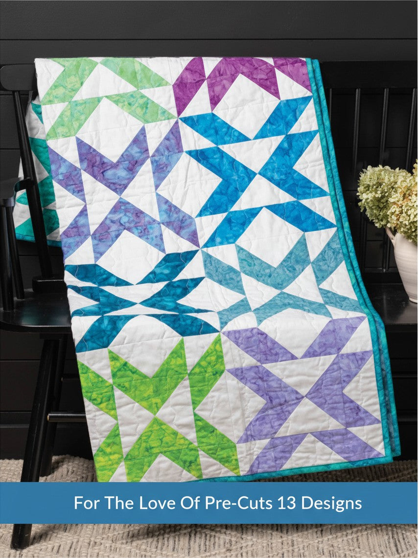 Carmon's Quilt Shop For the Love of Precuts pattern book featuring a colorful star quilt in blue, purple, and green.