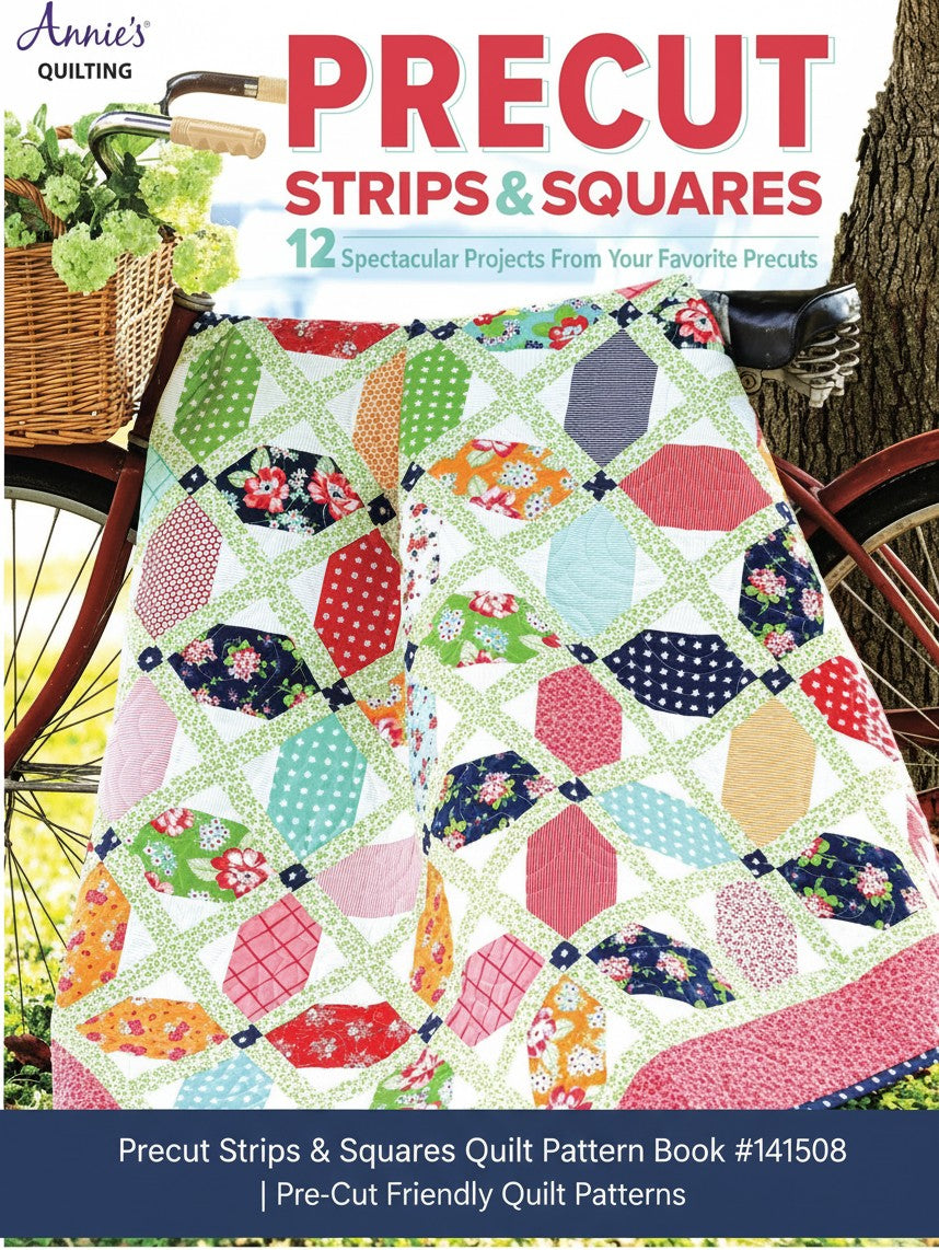 Carmon's Quilt Shop Precut Strips & Squares pattern book featuring a colorful lap quilt draped over a vintage bicycle.