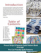 Carmon's Quilt Shop Precut Strips & Squares pattern book showing various colorful lap quilt designs and table of contents