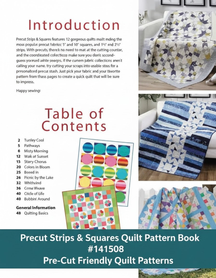 Carmon's Quilt Shop Precut Strips & Squares pattern book showing various colorful lap quilt designs and table of contents