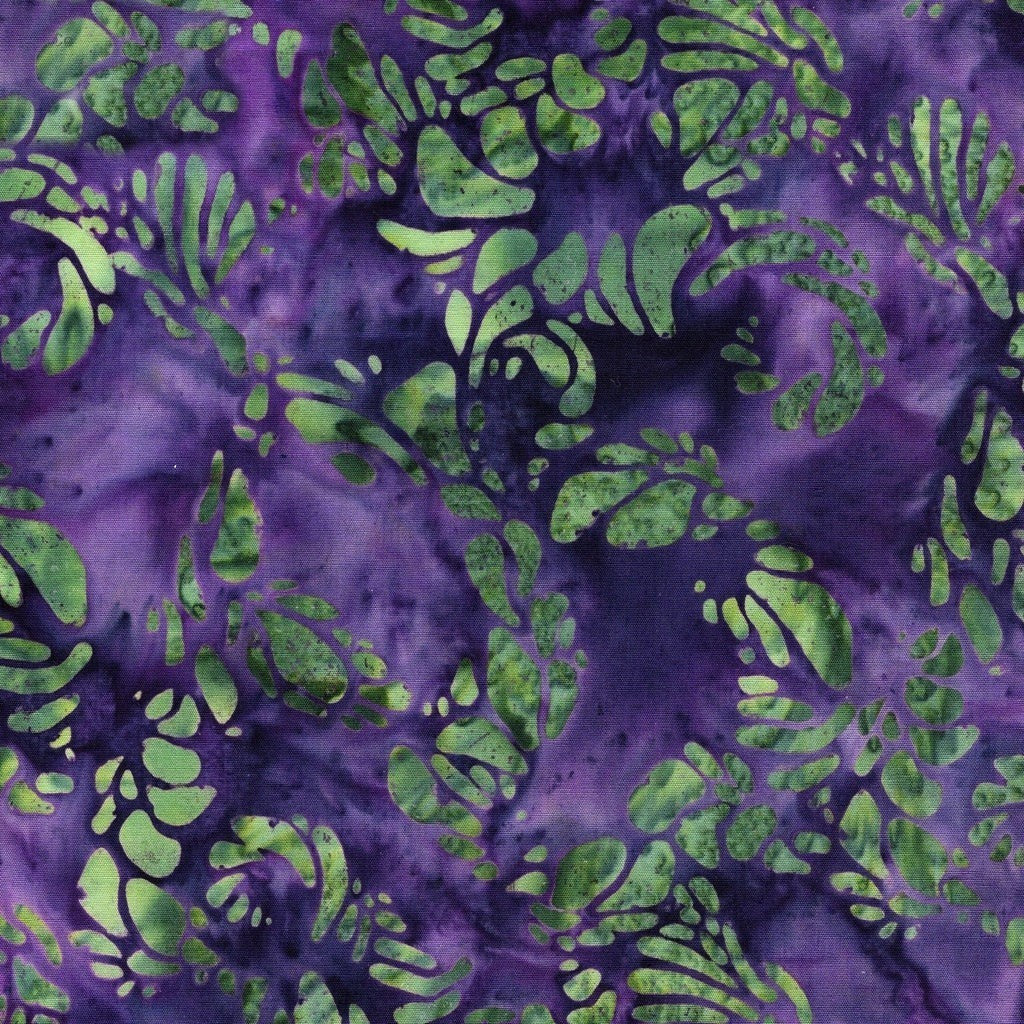 Carmon's Quilt Shop Vintner's Treasure purple and green batik cotton fabric with organic leaf-like patterns