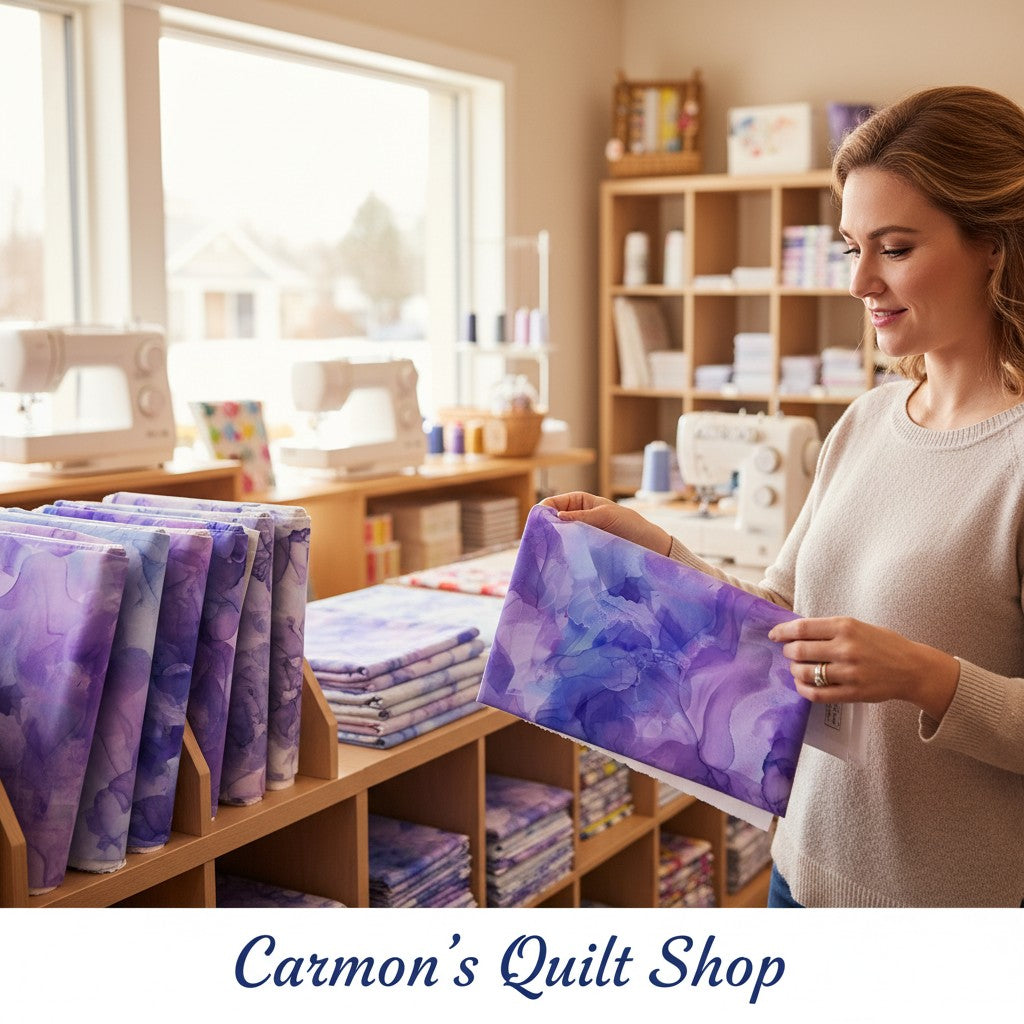 Carmon's Quilt Shop customer holding purple watercolor cotton fabric in a sewing studio with fabric bolts on shelves