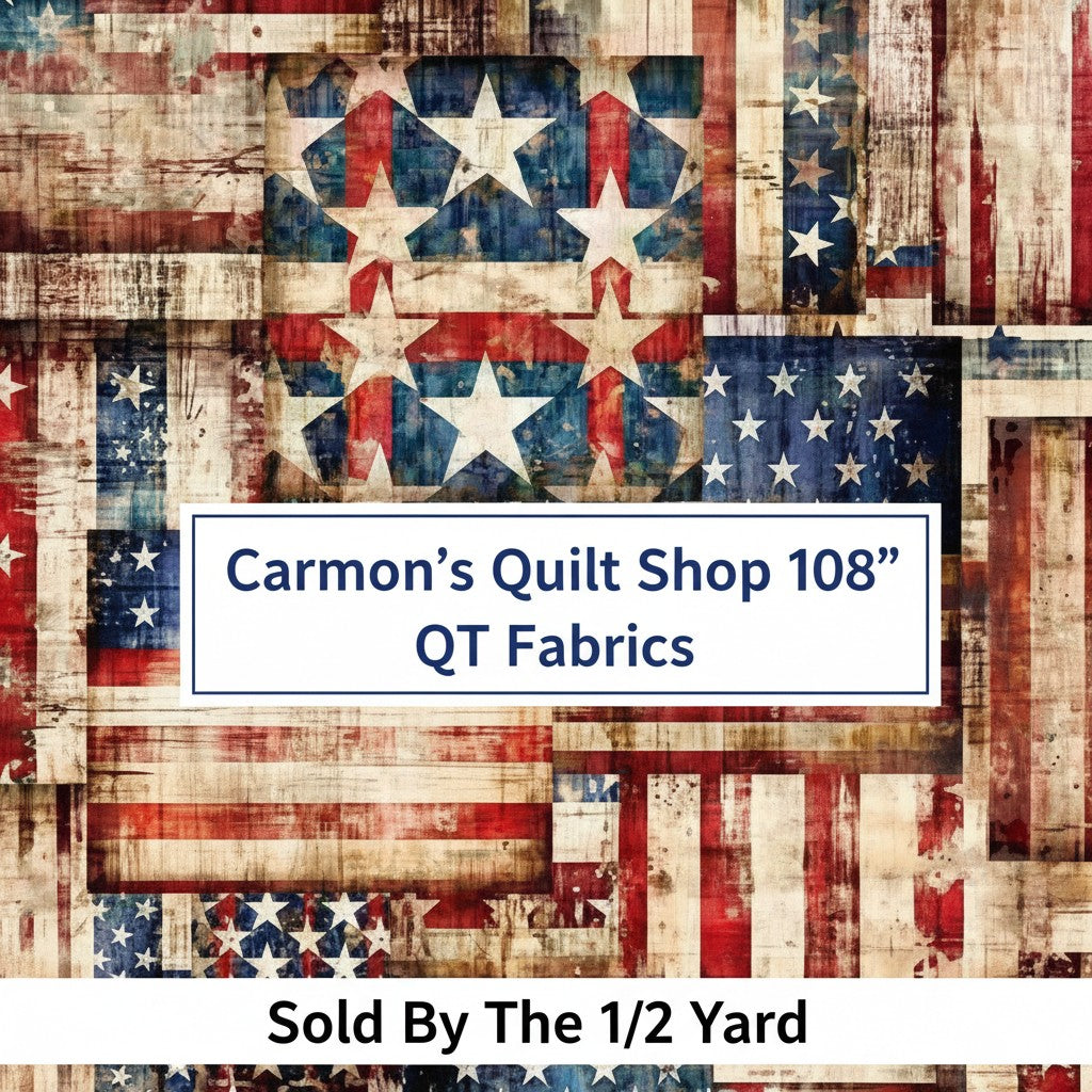 Carmon's Quilt Shop QT Fabrics 108 inch wide cotton quilting fabric featuring a rustic red white and blue flag pattern