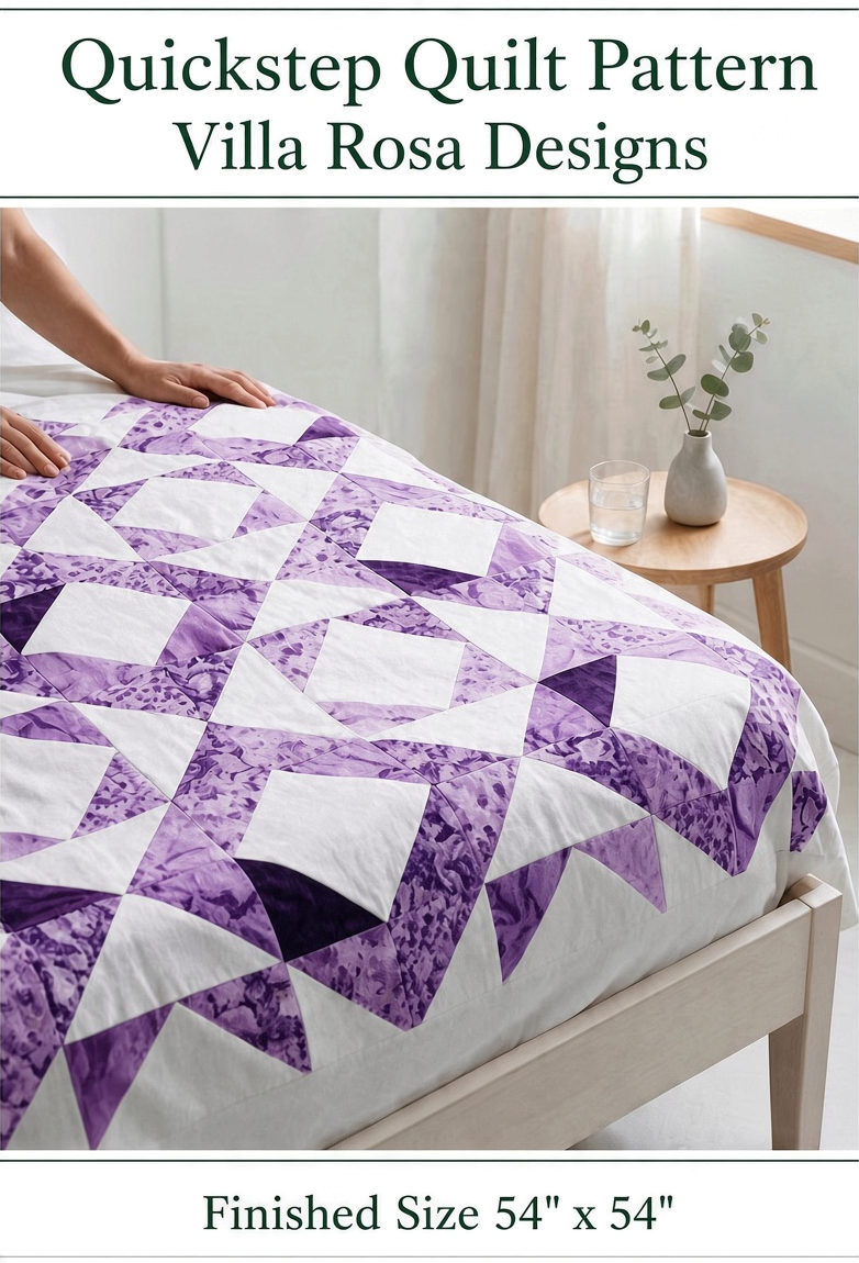 Carmon's Quilt Shop Quickstep quilt pattern featuring a purple and white interlocking diamond design on a bed.