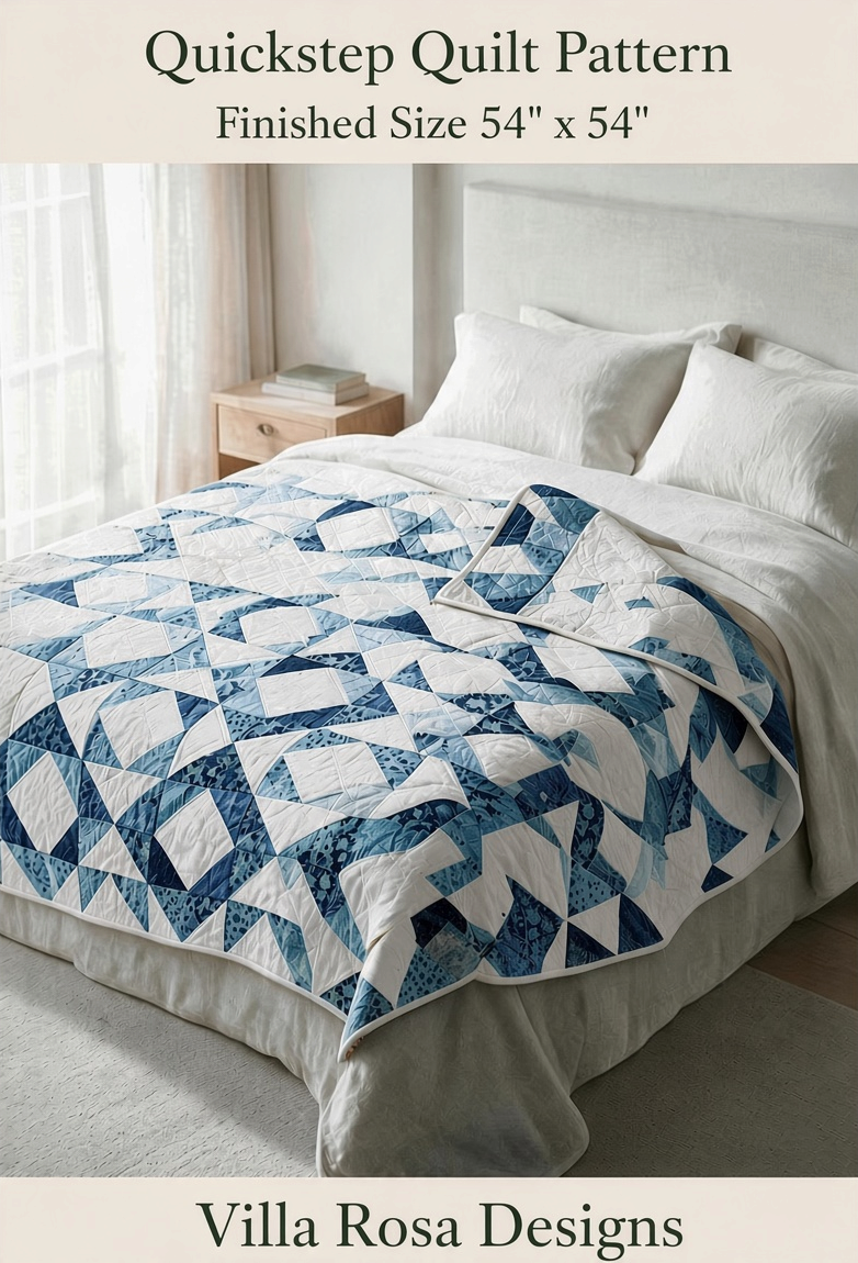 Carmon's Quilt Shop Quickstep quilt pattern featuring an interlocking blue and white diamond design on a bed.