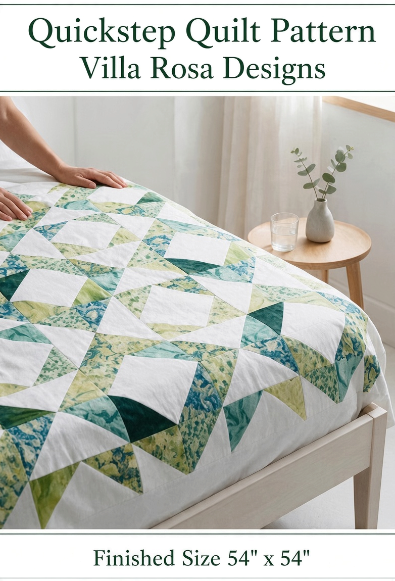 Carmon's Quilt Shop Quickstep quilt pattern featuring an interlocking green and white diamond design on a throw quilt.