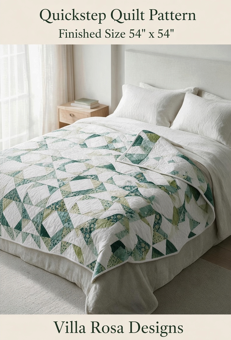 Carmon's Quilt Shop Quickstep quilt pattern featuring an interlocking green and white diamond design on a bed.