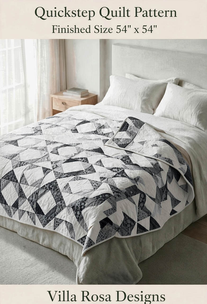 Carmon's Quilt Shop Quickstep quilt pattern by Villa Rosa Designs featuring a black and white interlocking diamond design