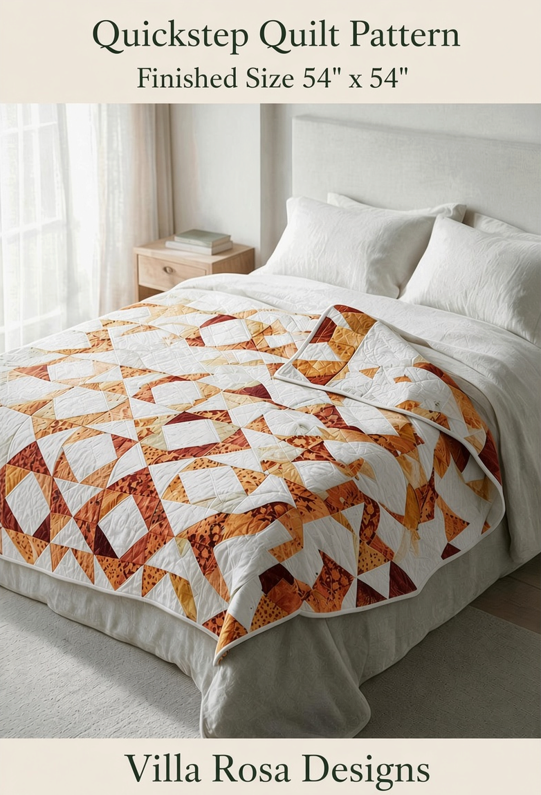 Carmon's Quilt Shop Quickstep quilt pattern by Villa Rosa Designs featuring an interlocking orange and white diamond design on a bed.