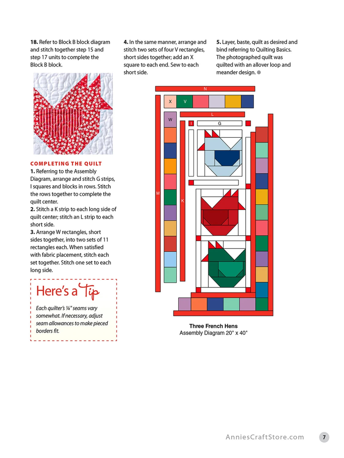 Carmon's Quilt Shop Fun With Squares pattern book page showing Three French Hens quilt assembly diagram and instructions