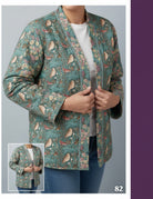 Carmon's Quilt Shop instructional guide showing a woman wearing a teal quilted patchwork jacket with bird and floral print