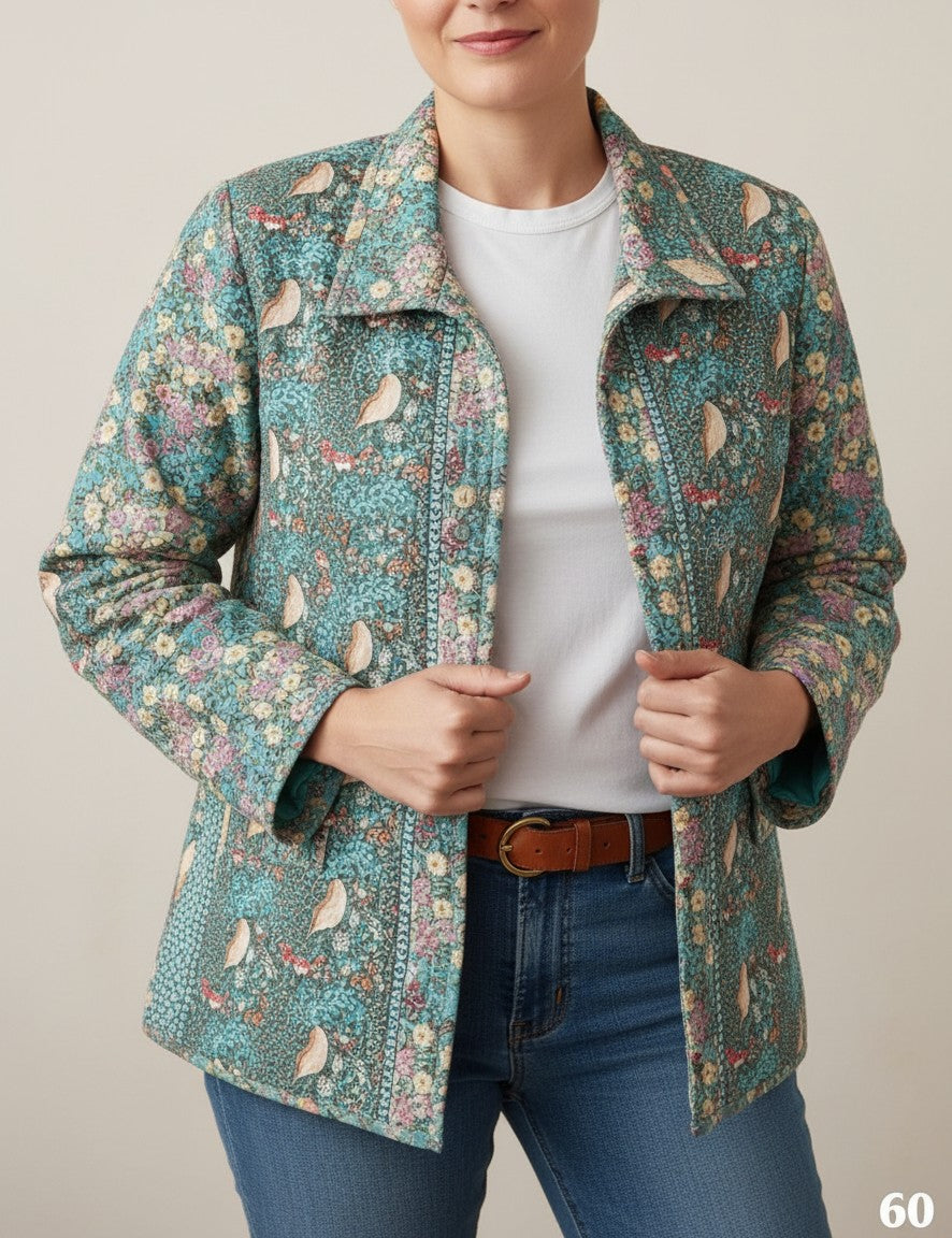 Carmon's Quilt Shop instructional guide for sewing a teal floral quilted patchwork jacket worn by a model.