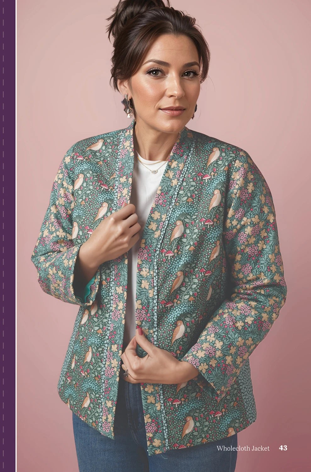 Carmon's Quilt Shop instructional guide showing a woman wearing a green floral quilted patchwork jacket with bird motifs.