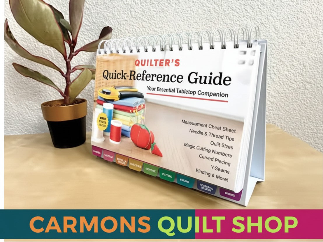 Carmon's Quilt Shop Quilter's Quick-Reference Guide tabletop flip book with color-coded tabs and quilting tips