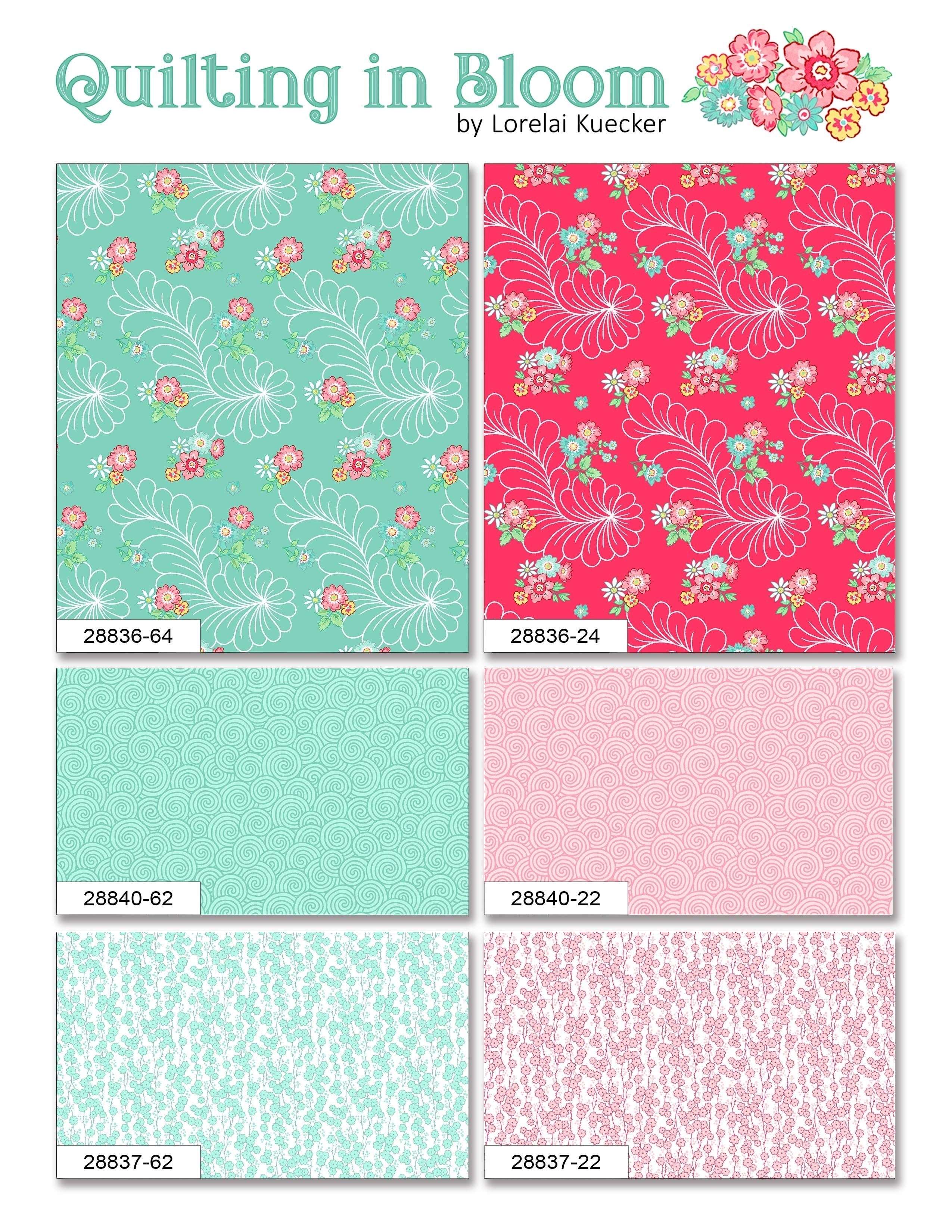 Carmon's Quilt Shop Quilting in Bloom fabric collection by Lorelai Kuecker featuring floral and swirl patterns in cotton