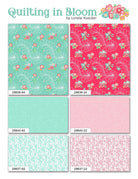 Carmon's Quilt Shop Quilting in Bloom fabric collection featuring floral and swirl patterns in pastel and bright colors.
