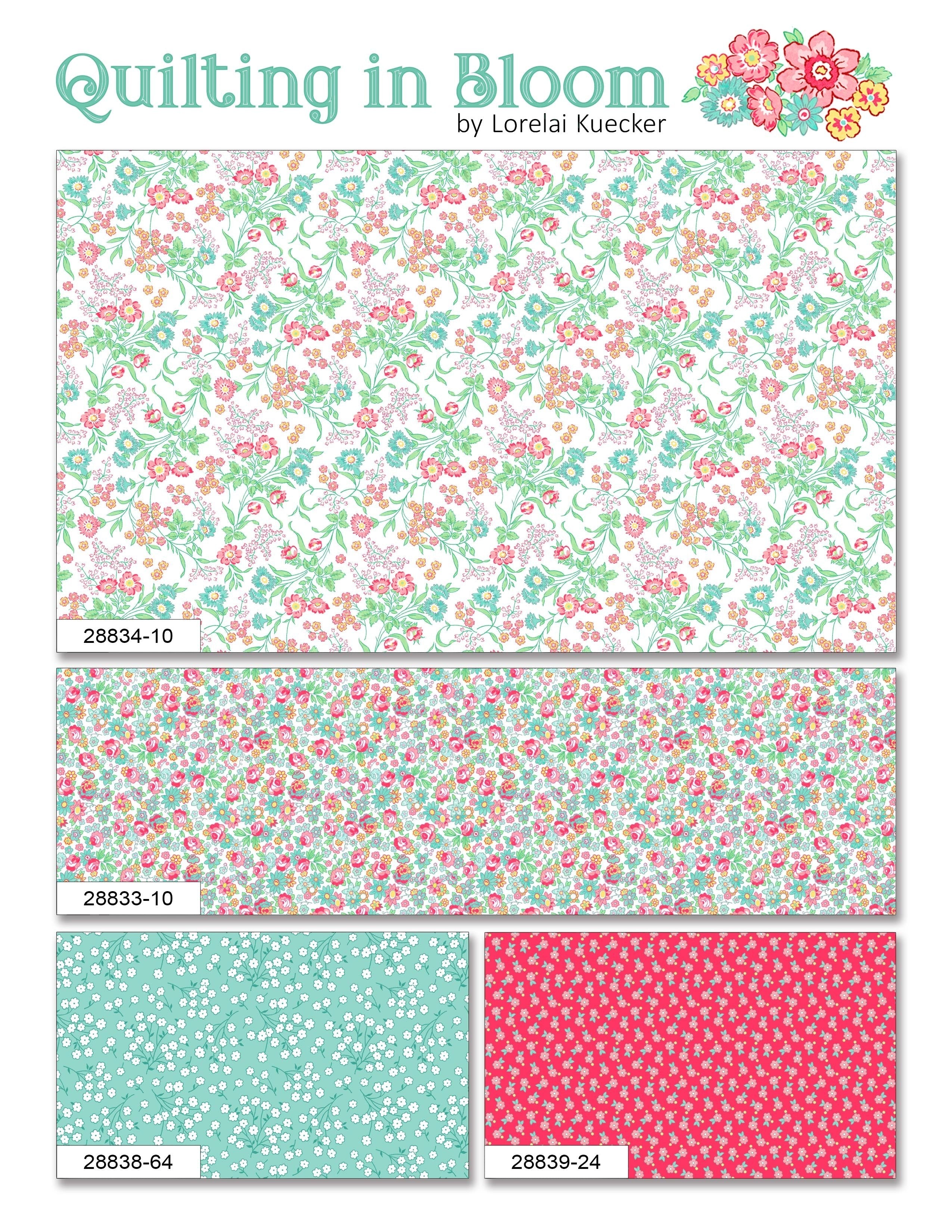 Carmon's Quilt Shop Quilting in Bloom cotton fabric collection featuring floral rose patterns in white, pink, and teal.
