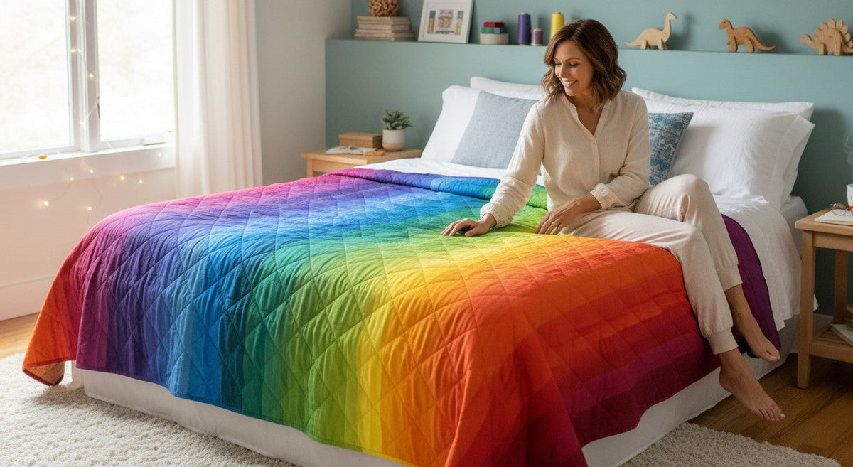 Carmon's Quilt Shop rainbow ombre cotton quilt backing draped over a bed with a woman sitting on the edge
