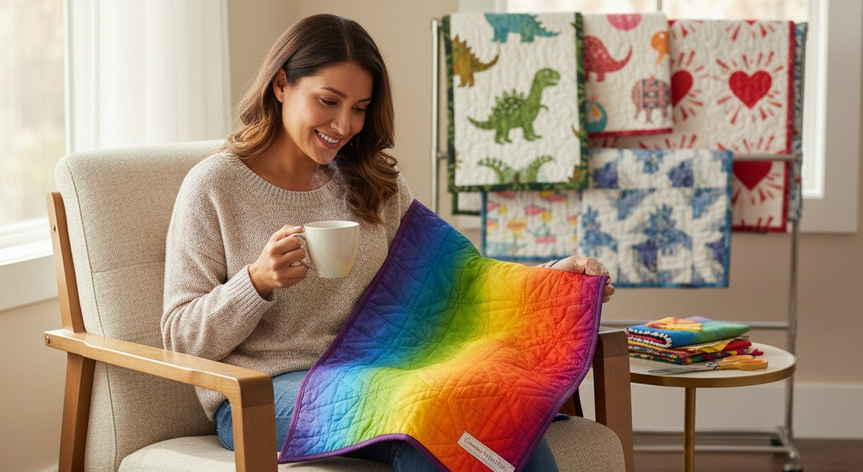 Carmon's Quilt Shop woman holding a vibrant rainbow ombre cotton quilt square while sitting in a cozy armchair.