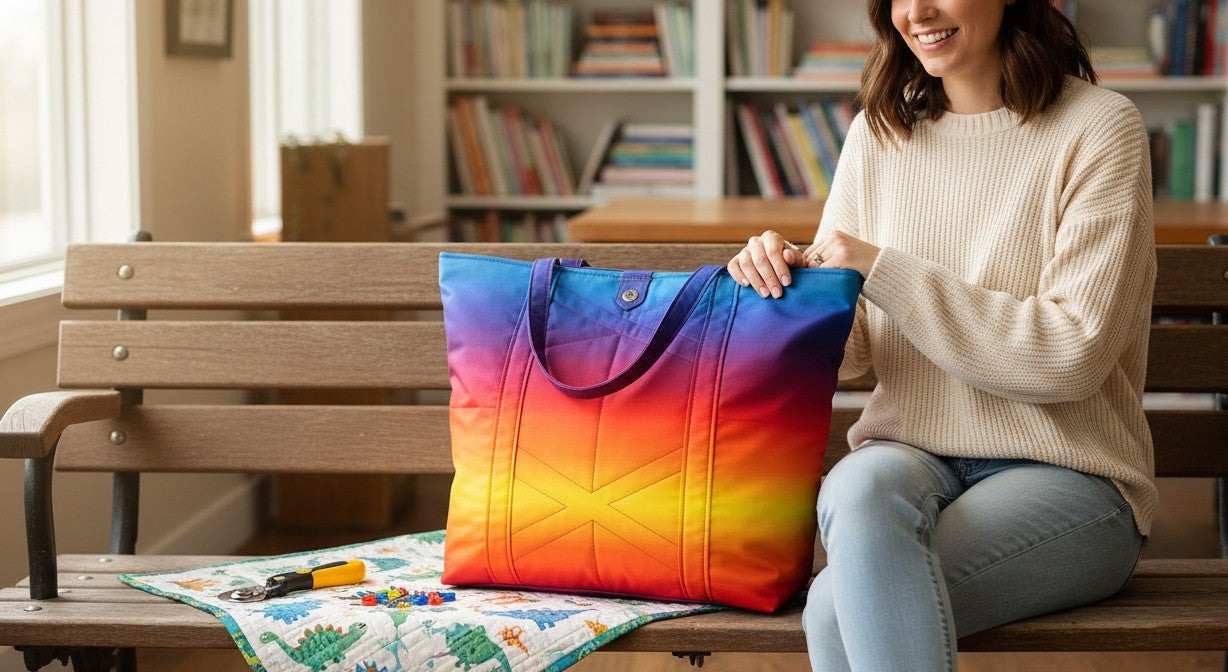 Carmon's Quilt Shop rainbow ombre quilted tote bag held by a woman sitting on a wooden bench.