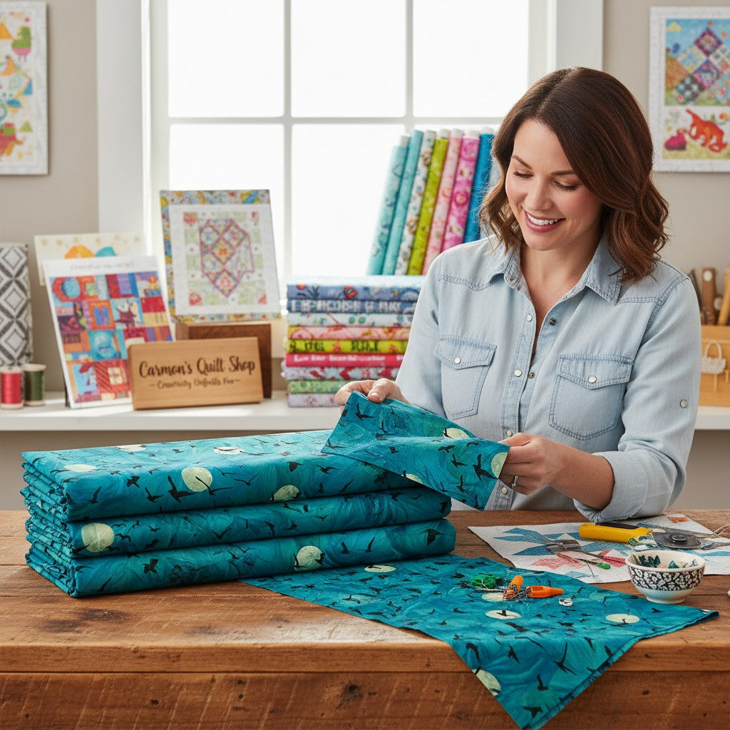 Carmon's Quilt Shop teal 100% cotton fabric panel with flying ravens and moons. Ideal for quilting.