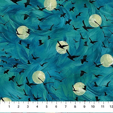 Carmon's Quilt Shop teal 100% cotton fabric with flying ravens and full moons, abstract feather pattern