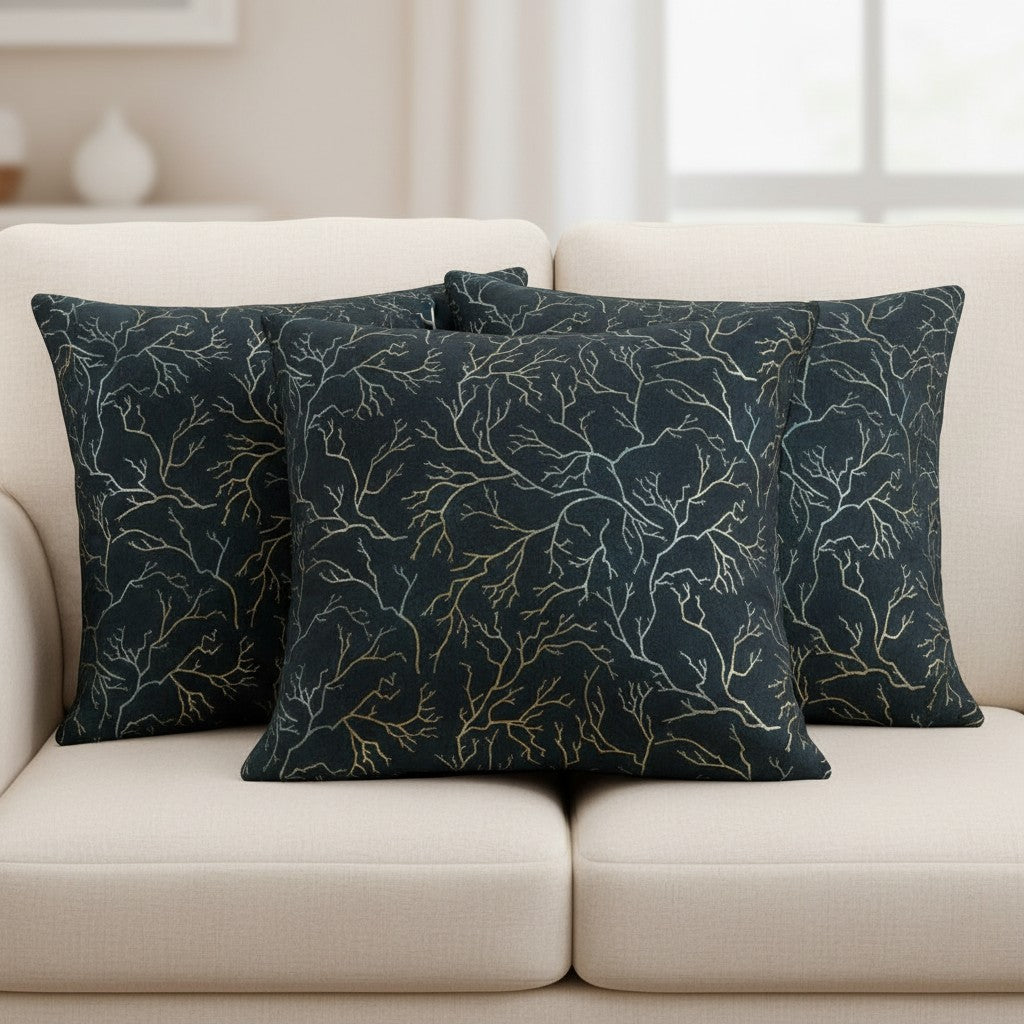 Carmon's Quilt Shop Raven's Call Black Multi dark forest branches 100% cotton quilt fabric with metallic gold and silver accents.