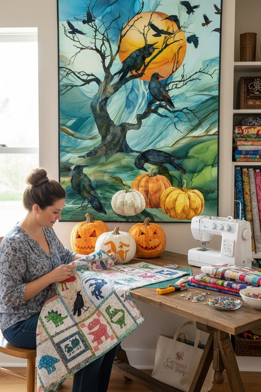 Carmon's Quilt Shop Halloween Raven's Call 100% cotton fabric panel with crows, pumpkins, and moon. 30" x 43".