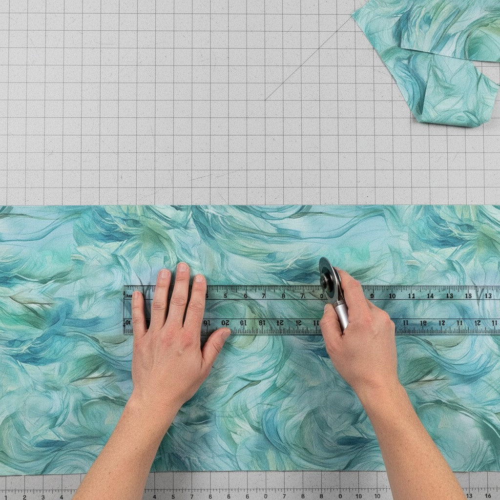 Carmon's Quilt Shop Raven's Call abstract swirls light teal, aqua, and sage green 100% cotton quilt fabric.