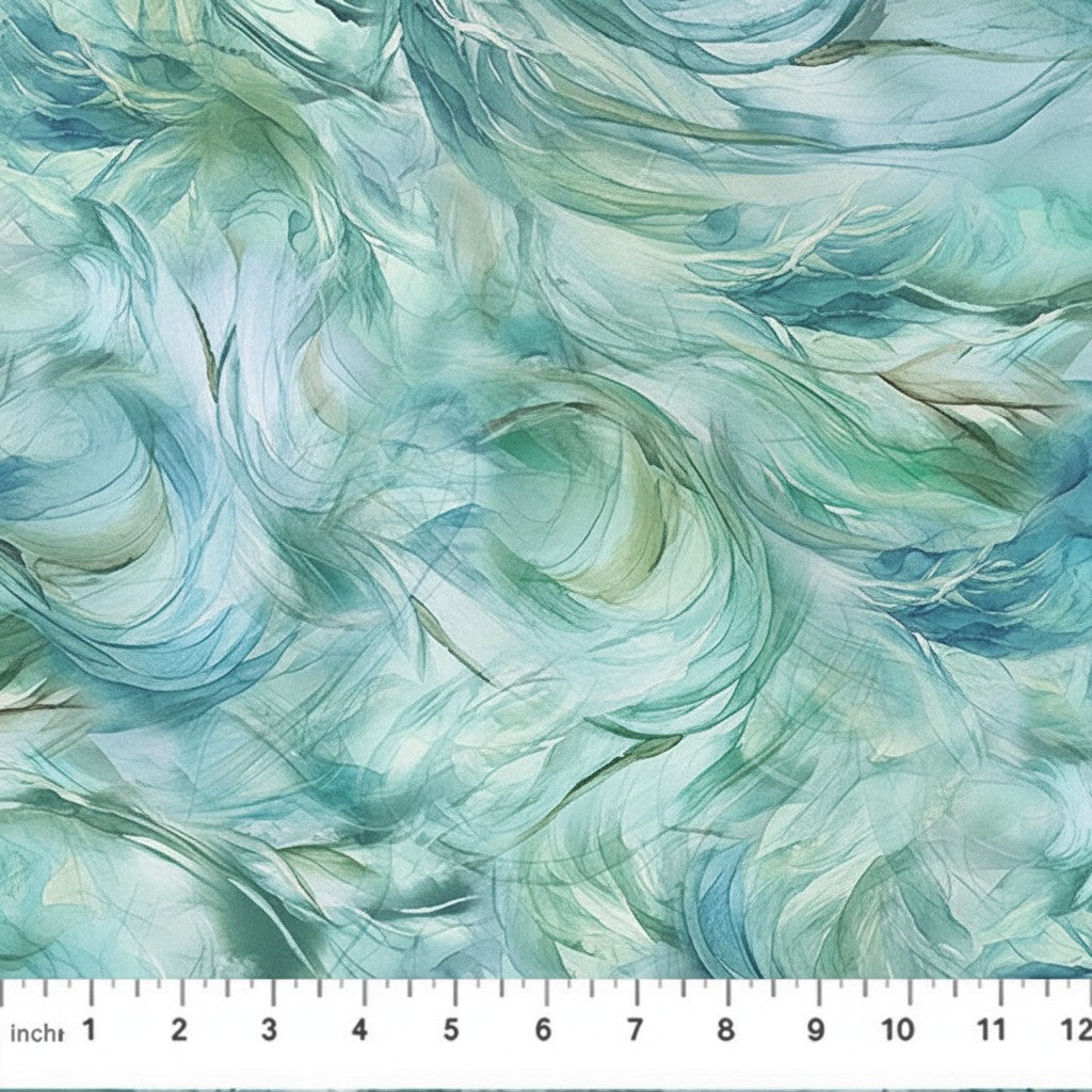 Carmon's Quilt Shop Raven's Call abstract swirls teal and aqua 100% cotton quilt fabric