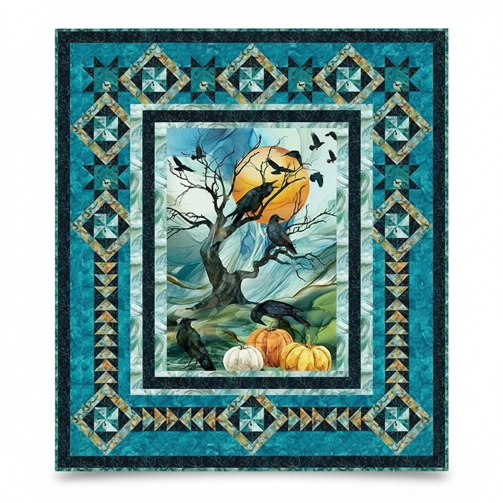 Carmon's Quilt Shop Raven's Call dark teal abstract swirls 100% cotton quilt fabric with crows and pumpkins.