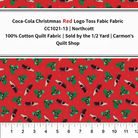 Carmon's Quilt Shop red cotton fabric featuring a Coca-Cola bottle and green bow holiday logo toss pattern