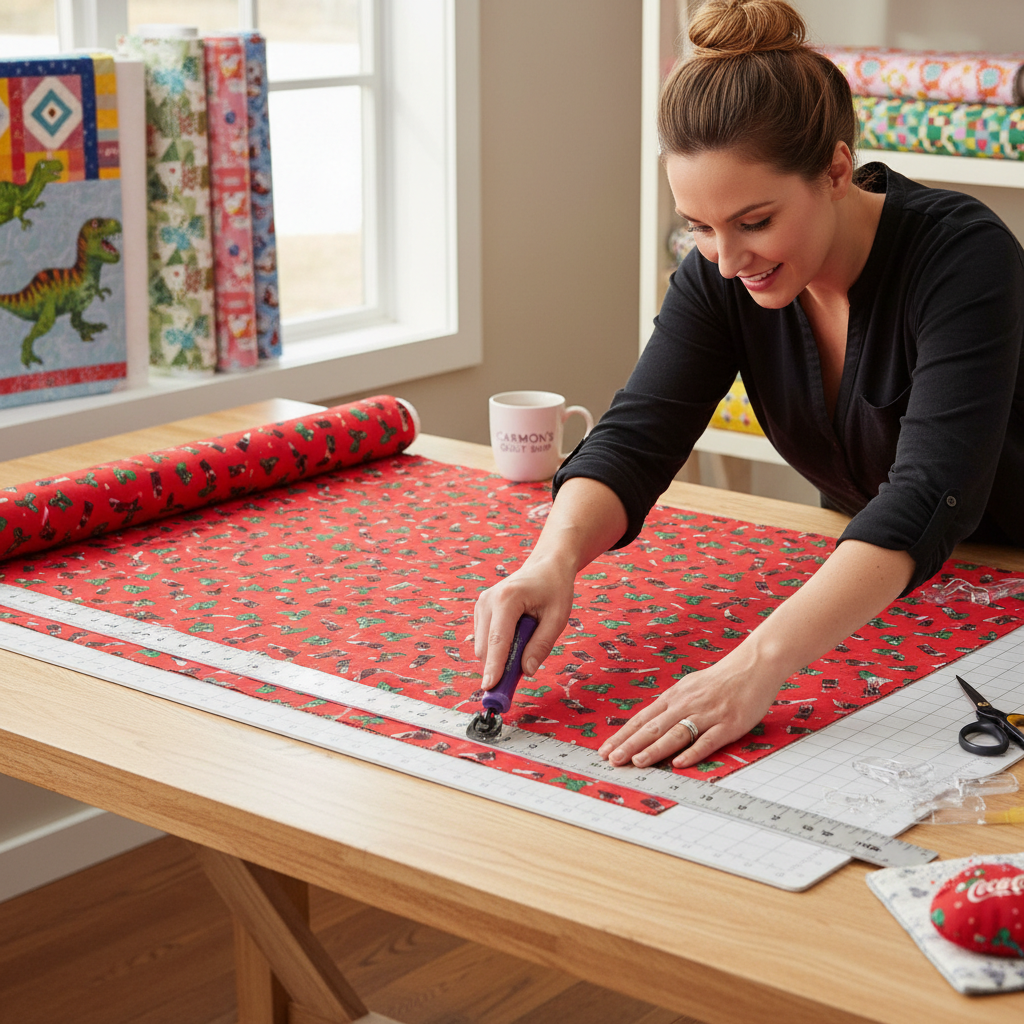 Carmon's Quilt Shop woman cutting red Coca-Cola Christmas logo toss cotton fabric with a rotary cutter on a table