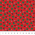 Carmon's Quilt Shop red cotton fabric featuring a festive Coca-Cola bottle and green holly leaf logo toss pattern