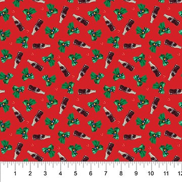 Carmon's Quilt Shop red cotton fabric featuring a festive Coca-Cola bottle and green holly leaf logo toss pattern