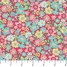 Carmon's Quilt Shop Quilting in Bloom red cotton fabric with a packed floral print of pink, yellow, and teal flowers.