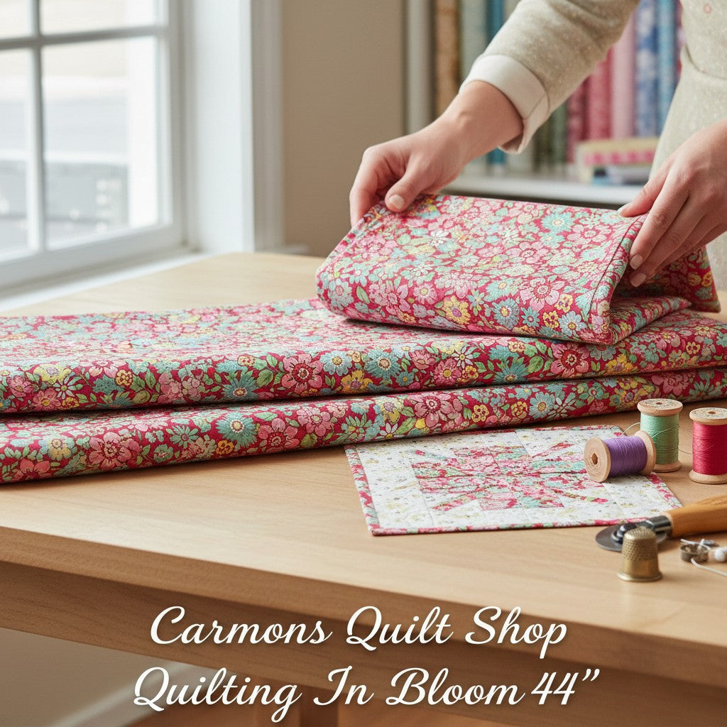 Carmon's Quilt Shop Quilting in Bloom red floral 100% cotton fabric being folded on a wooden table